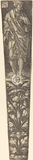 Dagger Sheath with Gentleman Holding a Parrot. Creator: Heinrich Aldegrever.