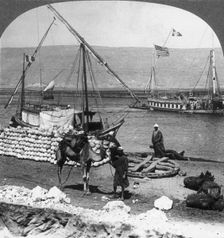Dahabiyehs on the river ready for a Nile voyage, Egypt 1905.Artist: Underwood & Underwood