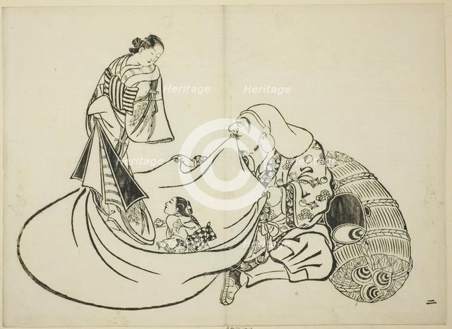 Daikoku revealing the contents of Hotei's bag, no. 2 from the series of 12 prints, c. 1708. Creator: Okumura Masanobu.