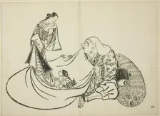 Daikoku revealing the contents of Hotei's bag, no. 2 from the series of 12 prints, c. 1708. Creator: Okumura Masanobu