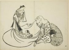 Daikoku revealing the contents of Hotei's bag, no. 2 from the series of 12 prints, c. 1708. Creator: Okumura Masanobu