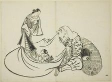 Daikoku revealing the contents of Hotei's bag, no. 2 from the series of 12 prints, c. 1708. Creator: Okumura Masanobu