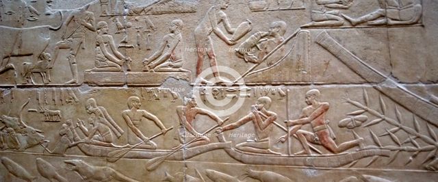 Daily life and men in a ship on the Nile, polychrome relief, Mastaba of Kagemni, Saqqara,Egypt, 2003 Creator: Unknown.