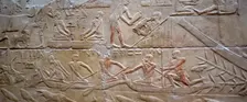 Daily life and men in a ship on the Nile, polychrome relief, Mastaba of Kagemni, Saqqara,Egypt, 2003 Creator: Unknown
