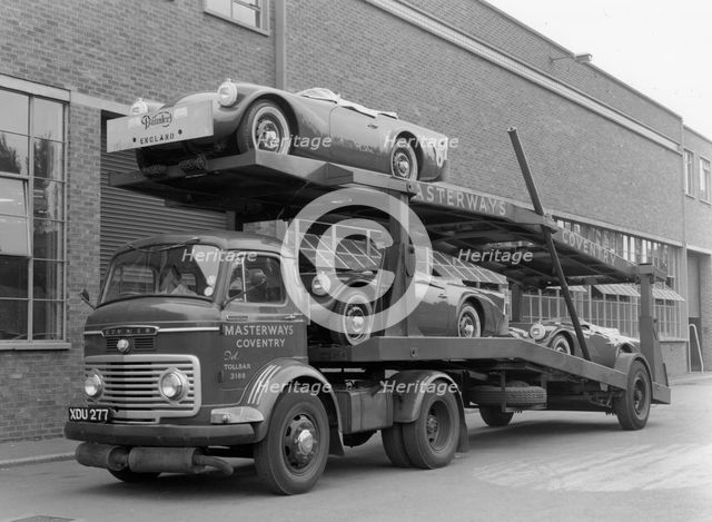 Daimler Dart SP250s on car transporter for delivery 1960. Creator: Unknown.