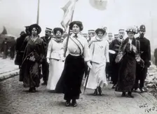 Daisy Dugdale leading a procession, London, 1908. Creator: Unknown