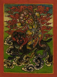 Dakini on a Gray Dog, Nyingmapa Buddhist or Bon Ritual Card, 18th-19th century. Creator: Unknown