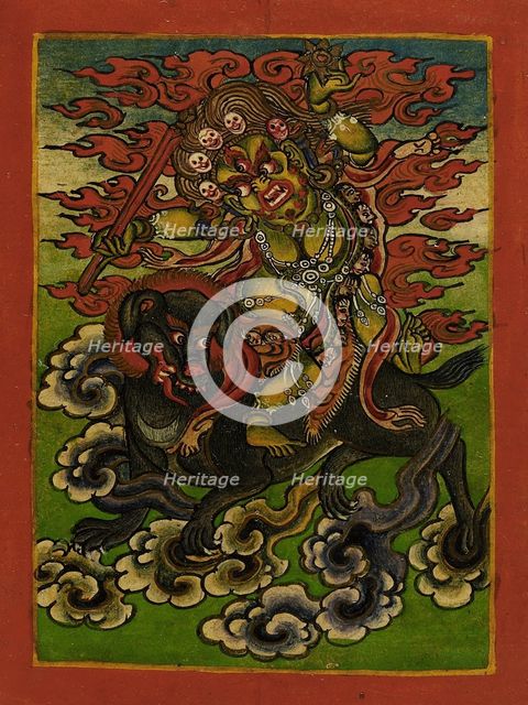 Dakini on a Gray Dog, Nyingmapa Buddhist or Bon Ritual Card, 18th-19th century. Creator: Unknown.