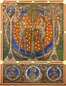 dam and Eve. Detail of the painted wooden ceiling of the St. Michael's Church, Hildesheim, ca 1230. Artist: Master of Lower Saxony (active ca. 1230)