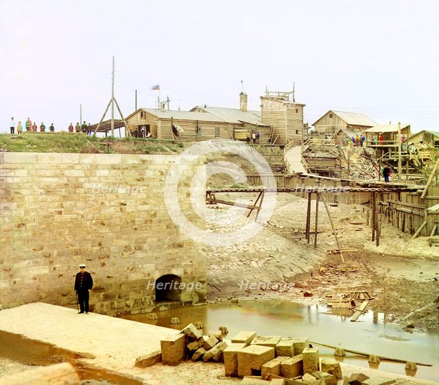 Dam's slender abutment and part of the finished sill, Beloomut, 1912. Creator: Sergey Mikhaylovich Prokudin-Gorsky.