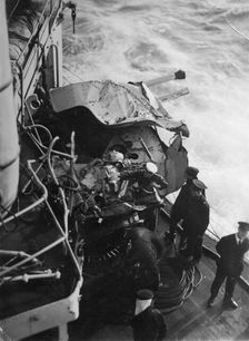 Damaged anti-aircraft gun on the British battleship HMS Malaya off the coast of Portugal, 1937