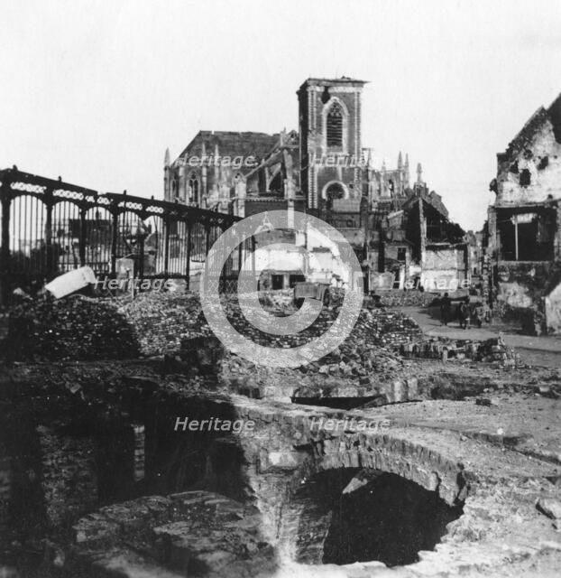 Damaged exterior of the Church of St Vaast, Armentières, France, World War I, c1914-c1918 Artist: Nightingale & Co