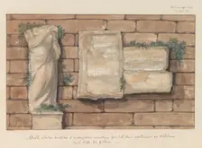 Damaged image and inscriptions bricked into wall of castle in the city of Gozo, 1778. Creator: Louis Ducros