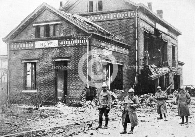 Damaged railway station at Roye, France, First World War, 1918, (c1920). Artist: Unknown