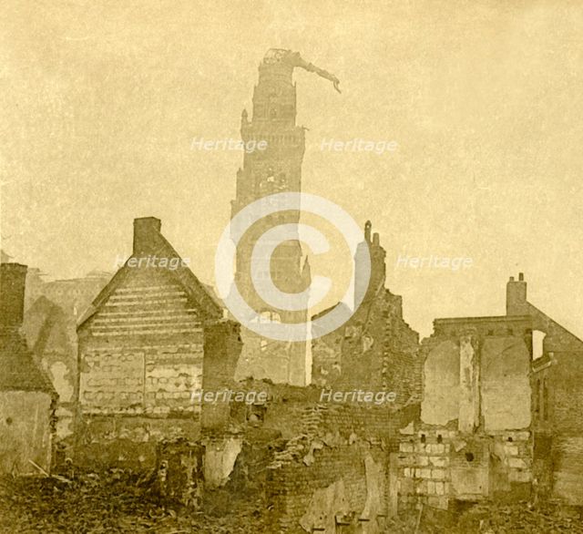 Damaged spire of Notre-Dame de Brebières, Albert, northern France, c1915-c1918. Artist: Unknown.