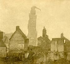 Damaged spire of Notre-Dame de Brebières, Albert, northern France, c1915-c1918