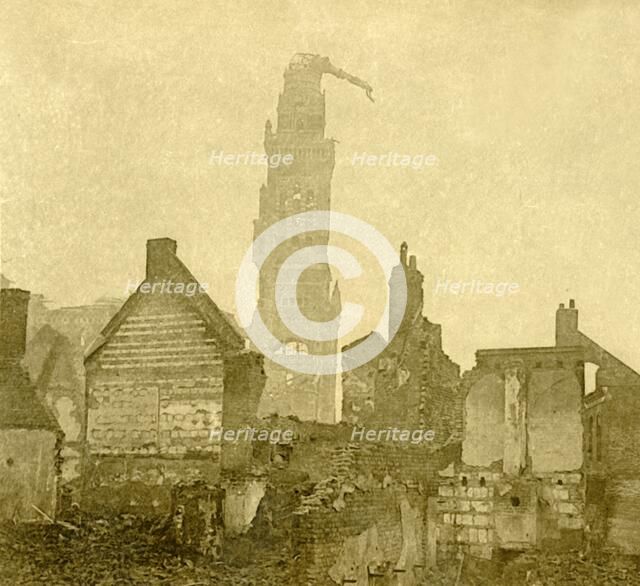 Damaged spire of Notre-Dame de Brebières, Albert, northern France, c1915-c1918. Artist: Unknown.