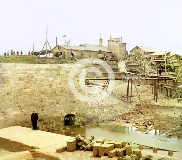 Dam's slender abutment and part of the finished sill, Beloomut, 1912. Creator: Sergey Mikhaylovich Prokudin-Gorsky.