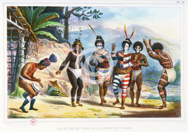 Dance at the mission of Sao Jose. Illustration from Voyage pittoresque et historique au Brésil, 1834