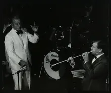 Dance band leader Joe Loss (left) on stage at the Forum Theatre, Hatfield, Hertfordshire, 1986. Creator: Denis Williams
