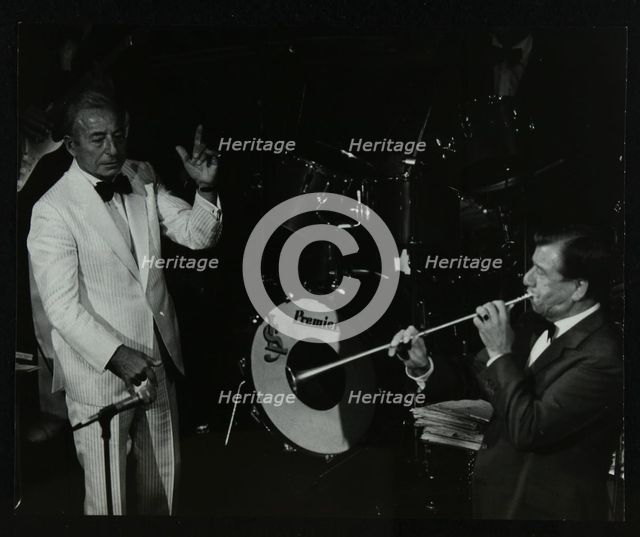 Dance band leader Joe Loss (left) on stage at the Forum Theatre, Hatfield, Hertfordshire, 1986. Artist: Denis Williams