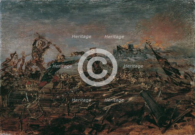 Dance of death on the battlefield in front of burning ruins, 1882-1885. Creator: Romako, Anton (1832-1889).