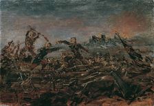 Dance of death on the battlefield in front of burning ruins, 1882-1885. Creator: Romako, Anton (1832-1889)