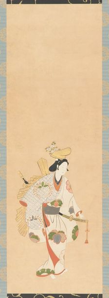 Dancer in a white dress, patterned with colored leaves..., Edo period, Kambun era, 1661-1673. Creator: Unknown