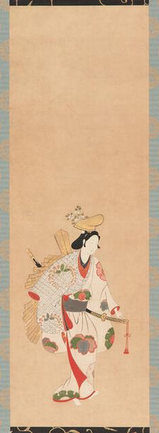 Dancer in a white dress, patterned with colored leaves..., Edo period, Kambun era, 1661-1673. Creator: Unknown