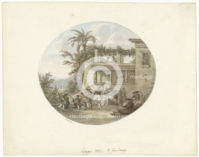 Dancers on a terrace in front of an inn, 1812. Creator: Otto Baron Howen.
