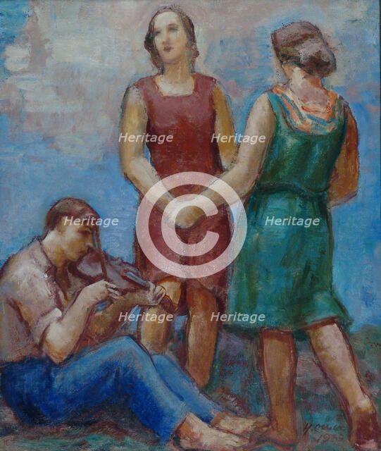 Dancing Girls and a Violin Player, detail sketch for the National Theatre ceiling, 1932. Creator: Yrjö Aleksander Ollila.