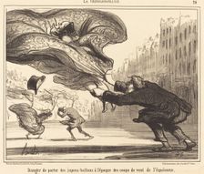 Danger de porter des jupons-ballons à l'époque des coups de vent de l'équinoxe, 1857. Creator: Honore Daumier