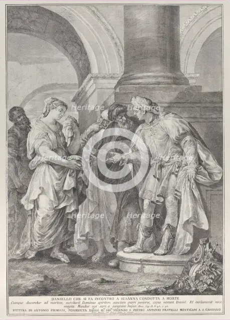 Daniel argues with the elders while Susanna stands at left, 1732-50. Creator: Pietro Monaco.