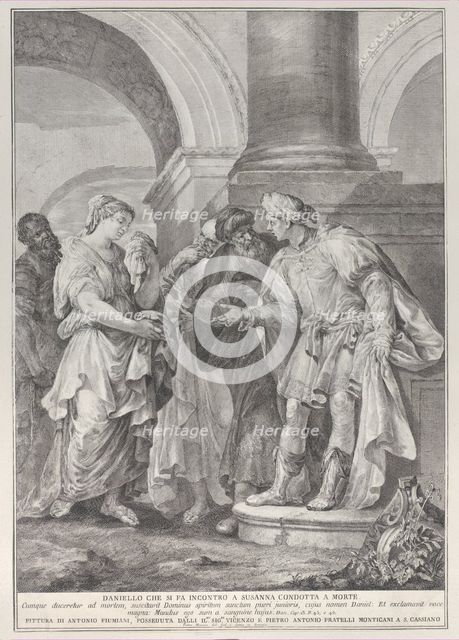 Daniel argues with the elders while Susanna stands at left, 1732-50. Creator: Pietro Monaco.