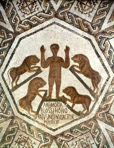 Daniel in the lions den, Roman mosaic, 5th century
