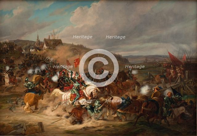 Daniel Rantzau fighting Tureby Bro in Skåne during the Seven Years' War, 1563-1570, (1837-1838). Creator: Christian Frederik Carl Holm.
