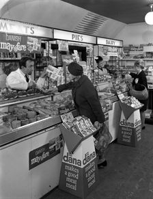 Danish Bacon May Fare shop display, Wath upon Dearne, South Yorkshire, 1964. Creator: Michael Walters