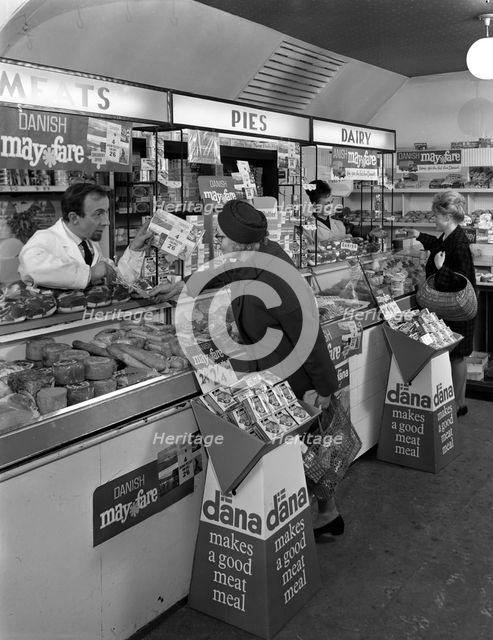 Danish Bacon May Fare shop display, Wath upon Dearne, South Yorkshire, 1964. Creator: Michael Walters.