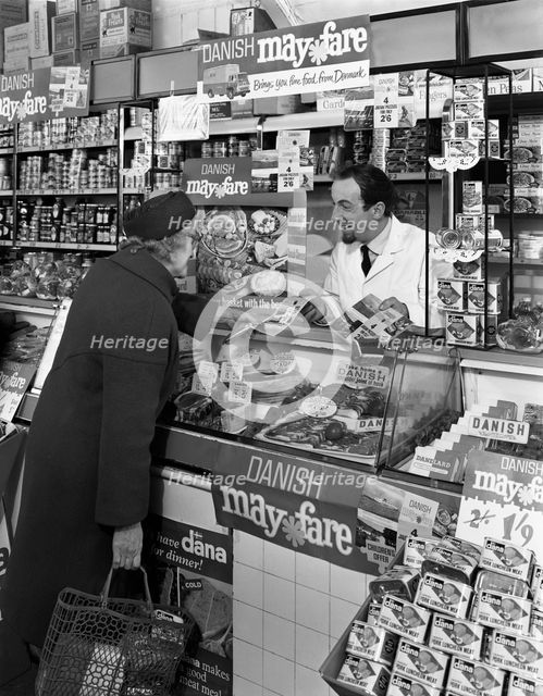 Danish Bacon May Fare shop display, Wath upon Dearne, South Yorkshire, 1964. Creator: Michael Walters.
