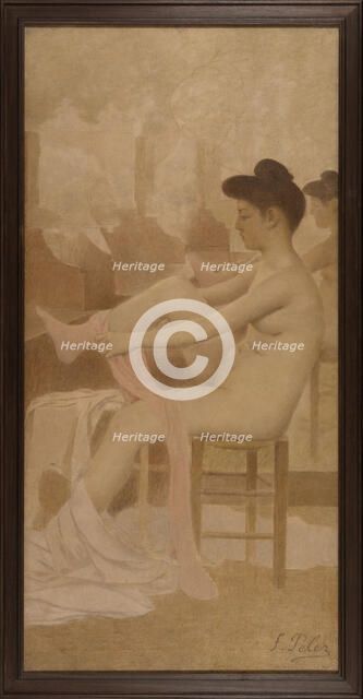 Danseuse dans sa loge enfilant un collant, between 1905 and 1909. Creator: Fernand Pelez.