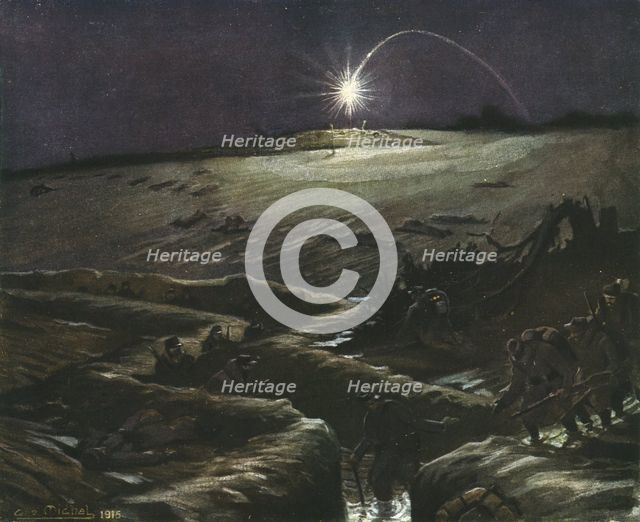 ''Dans La Tranchee; Tranchees de Noulette, la fusee eclairante', 1915. Creator: G Michel.