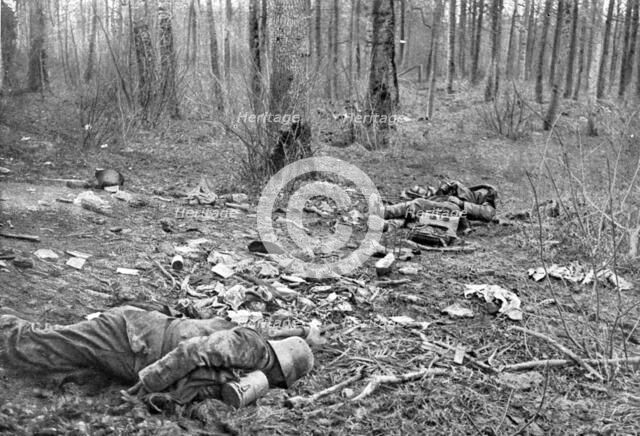 'Dans la Bataille; Une clairiere du parc du Plessis-de-Roye, apres le combat du 30 mars 1918', 1918. Creator: Unknown.