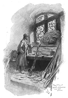 Dans la Bataille; Attendant l'attaque: un fantassin du 350e derriere une fenetre du chateau 1918. Creator: Georges Bertin Scott