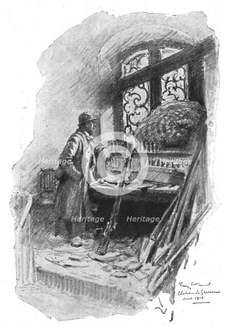 'Dans la Bataille; Attendant l'attaque: un fantassin du 350e derriere une fenetre du chateau', 1918. Creator: Georges Bertin Scott.