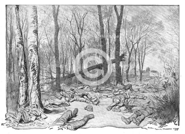 'Dans la Bataille; cadavres de soldats allemands de la 1st division de la Garde, dans le..., 1918. Creator: Georges Bertin Scott.