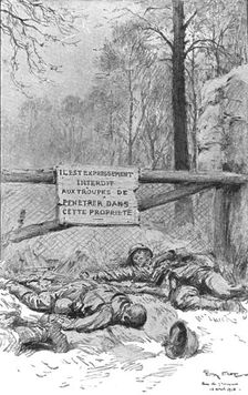 Dans la Bataille; Ecriteau dispose pour proteger une breche au mur du parc, quand..., 1918. Creator: Georges Bertin Scott