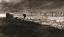 Dans la Bataille; les transports de troupes sur la ligne de feu: debarquement d'un regiment...1918. Creator: Georges Bertin Scott