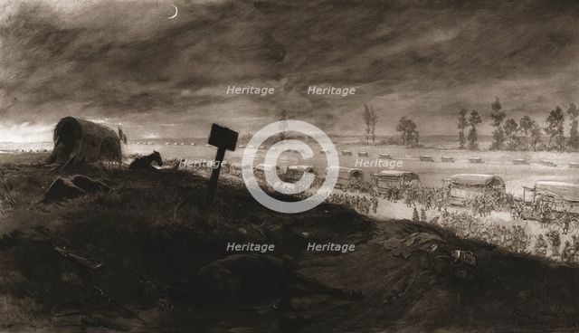 'Dans la Bataille; les transports de troupes sur la ligne de feu: debarquement d'un regiment...1918. Creator: Georges Bertin Scott.