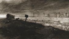 Dans la Bataille; les transports de troupes sur la ligne de feu: debarquement d'un regiment...1918. Creator: Georges Bertin Scott