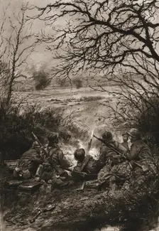 Dans la Bataille; Les troupes d'assaut allmandes, avancant en terrain decouvert, sont.... Creator: Unknown